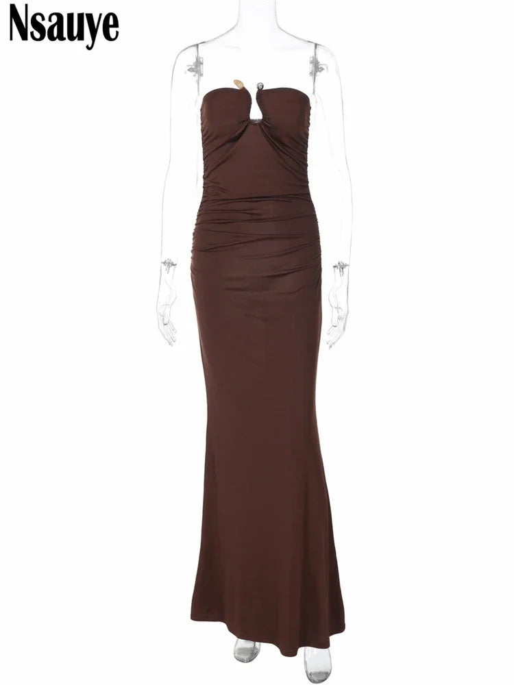 Nsauye Women Strapless Tube Fashion Sexy Evening Party Holiday Beach Club Dress Long Elegant Ruched Off Shoulder Wrap Dress 2024