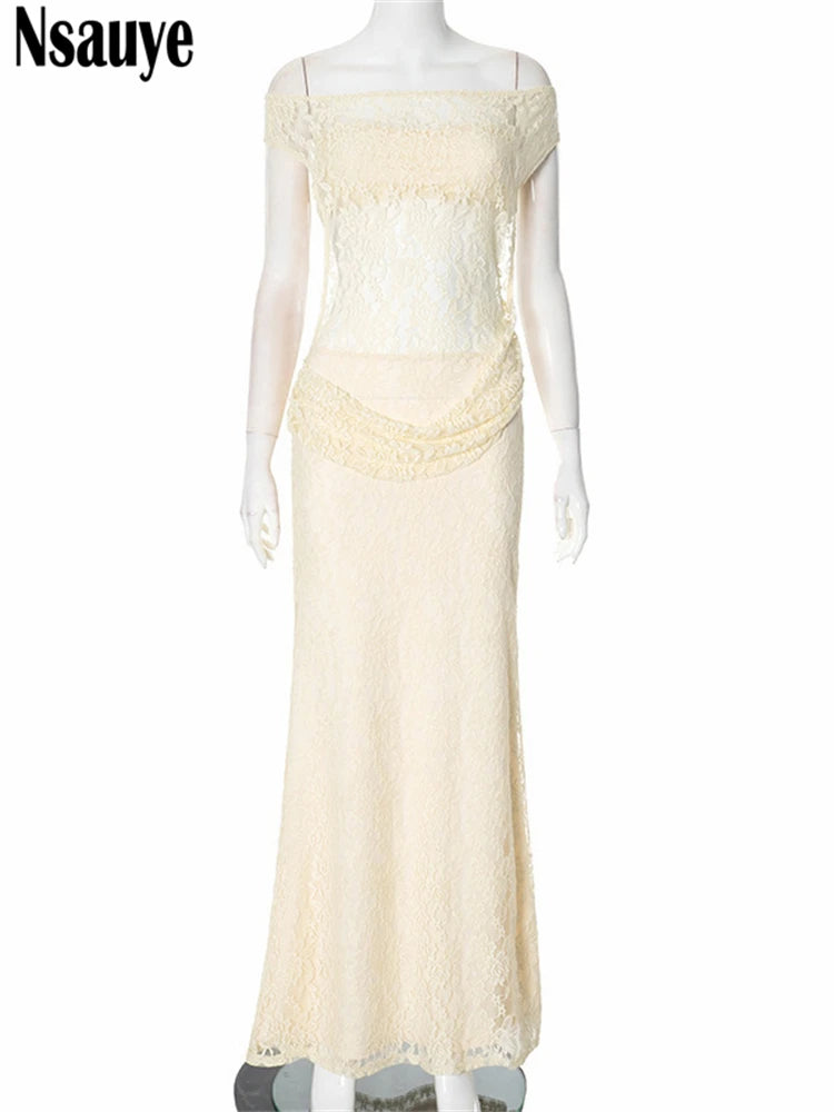 Nsauye Lace Hollow Out Women Fashion Sexy Night Club Evening Dress Sleeveless Long Summer Party Bodycon Maxi 2025 Elegant Dress