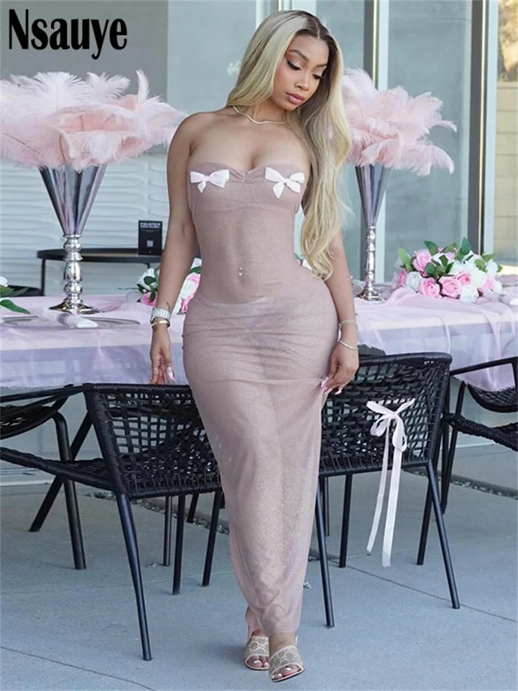 Nsauye Sexy Women Backelss Strapless Bow Glitter Long Dress Sleeveless Elegant Dress Boydycon Vestidos Summer 2025 Party Club