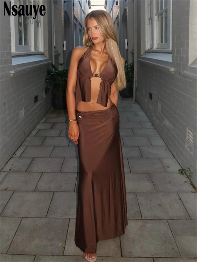 Nsauye Chic Women Slim Halter Summer Mini Crop Tops Long Maxi High Waisted Party Sexy Dress Club Skirt Two Piece Set 2025 Summer