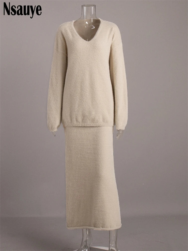 Nsauye Women Long Sleeve Winter Sweater Tops Knitted Maxi Wrap Sexy Club Skirt Dress Elegant New In Matching Two Piece Set 2024