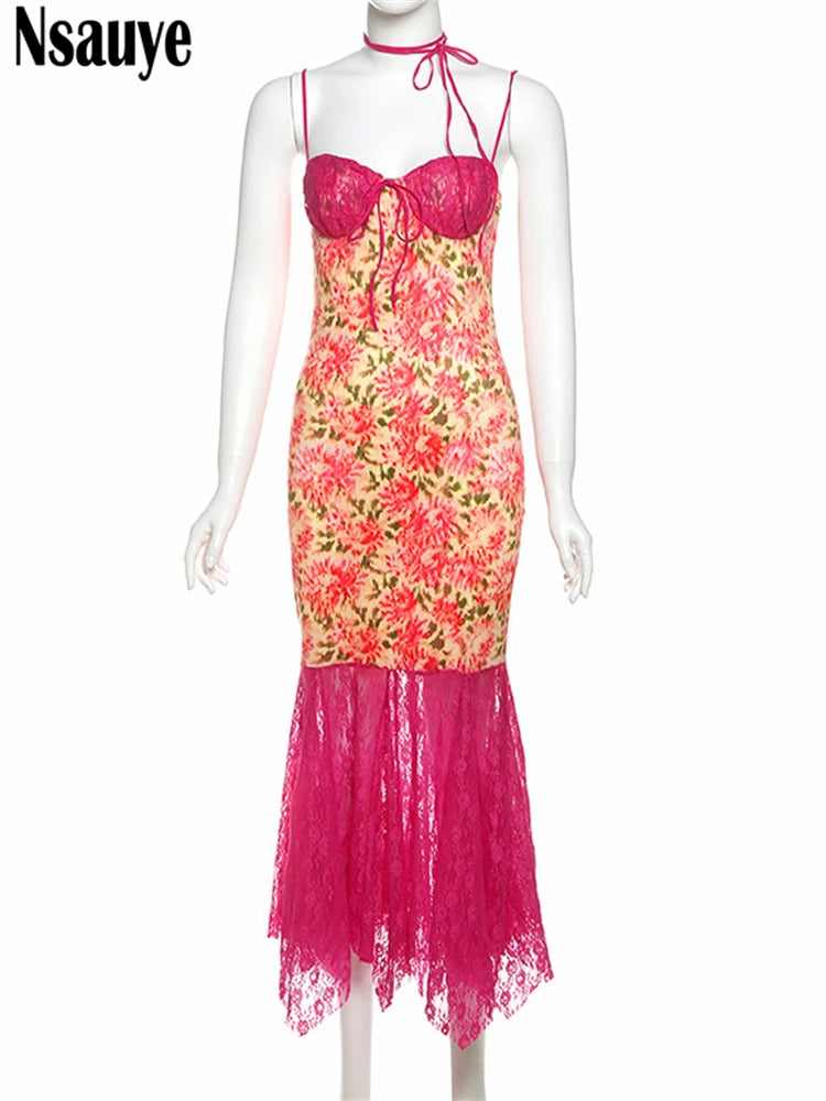Nsauye 2025 Elegant Ruffles Sexy Spaghetti Strap Long Dress Summer Holiday Beach Party Club Floral Print Women Dress Fashion