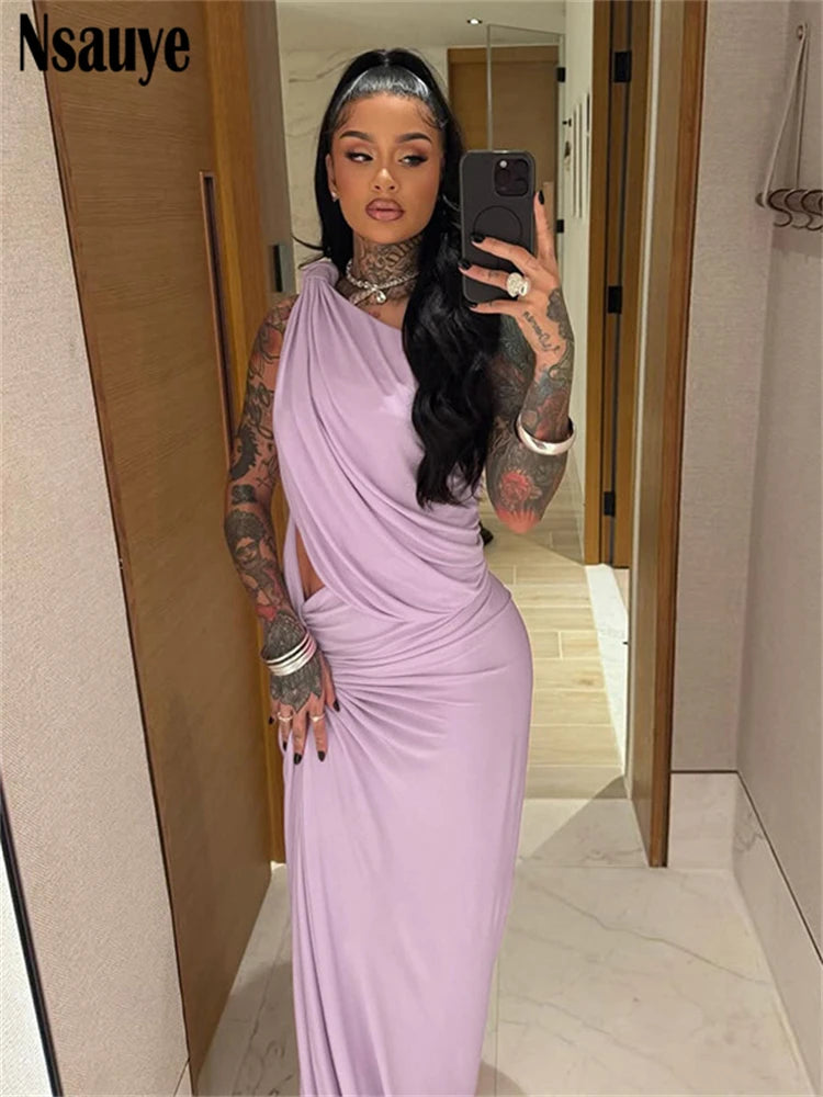 Nsauye 2025 Summer New Sleeveless One Shoulder Cut Out Slim Maxi Dress Club Party Women Elegant Formal Evening Long Dresses