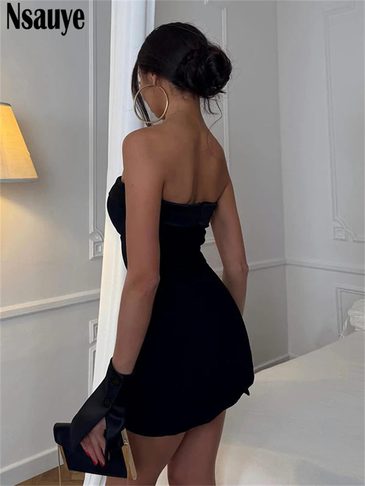Nsauye Summer Fashion Chic Women Strapless High Waisted Elegant Short Dress Bodycon Sexy Night Club Party Evening Dress 2025