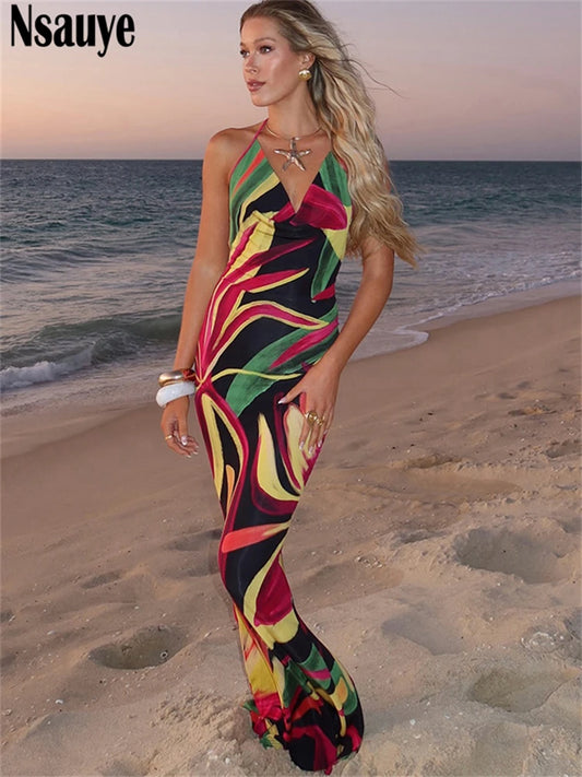Nsauye Women Summer 2025 Sexy Club Print Casual Beach Sleeveless Dress Long  Spaghetti Strap Vestidos Elegant Party Dress Outfit