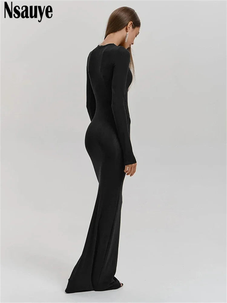 Nsauye Casual Basic Long Dress Women Holiday Autumn Winter Evening Birthday Party Night Club Sexy Elegant Dress Outfits 2024
