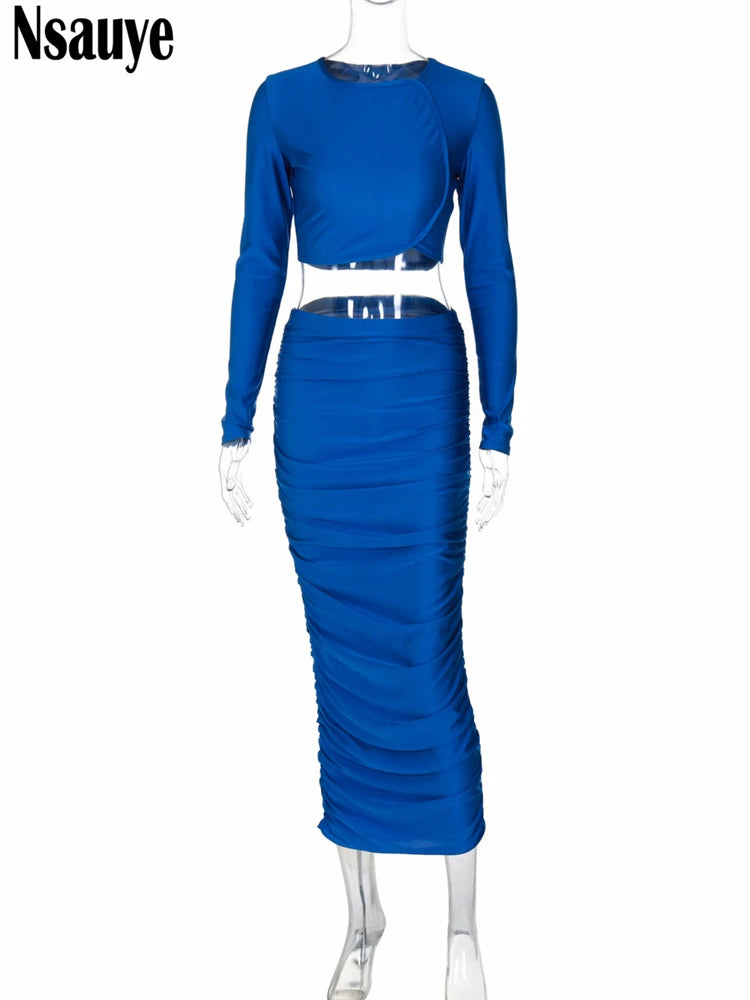 Nsauye Women New Fashion Elegant Sexy Club Long Skirt Two Piece Set Party Autumn Long Sleeve Tops Wrap Ruched Skirt Suit 2024