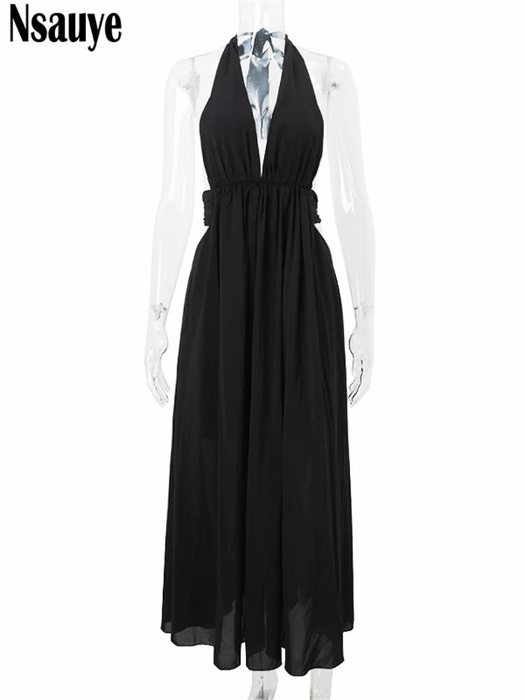 Nsauye Sexy Women Halter Maxi Night Club Elegant Pleated Dress Low Cut Out Backless Long Evening Party Fashion A-Line Dress 2025