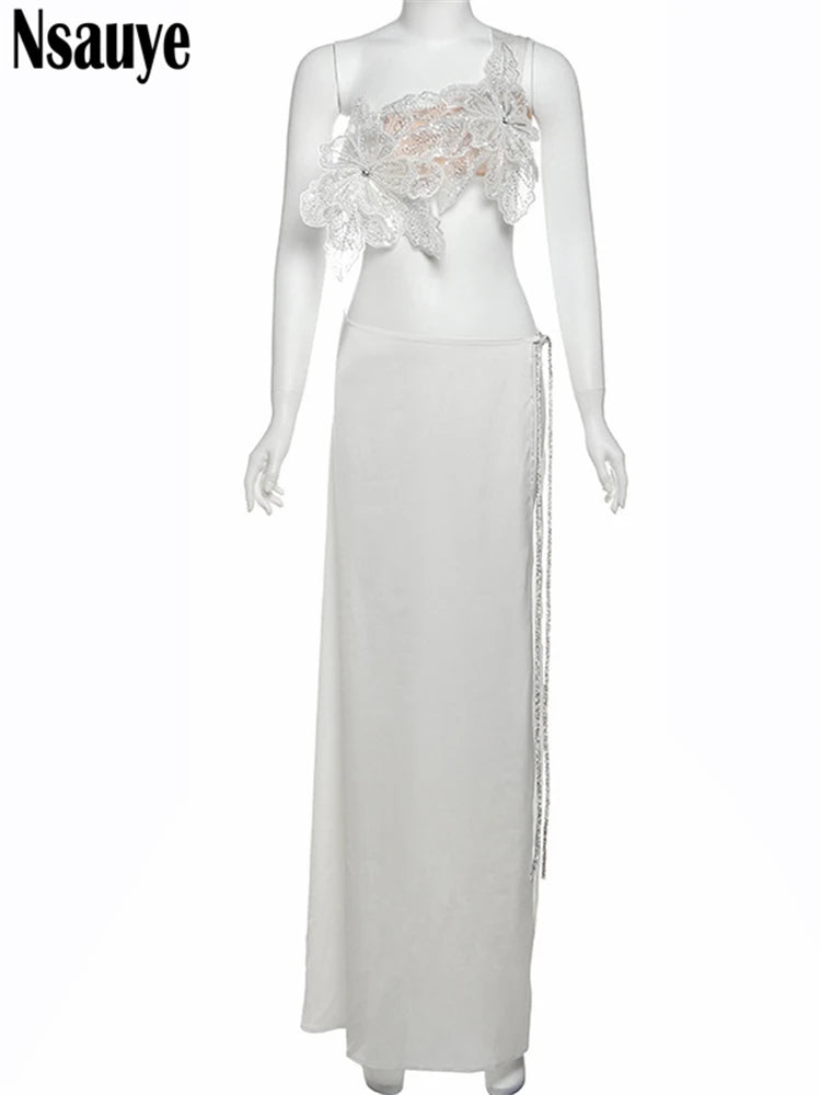 Nsauye 2025 New Aesthetic Flower Dress Set Sleeveless Crop Tops And  High Waist Long Skirt Suit Party 2 Piece Set Sexy Outfits
