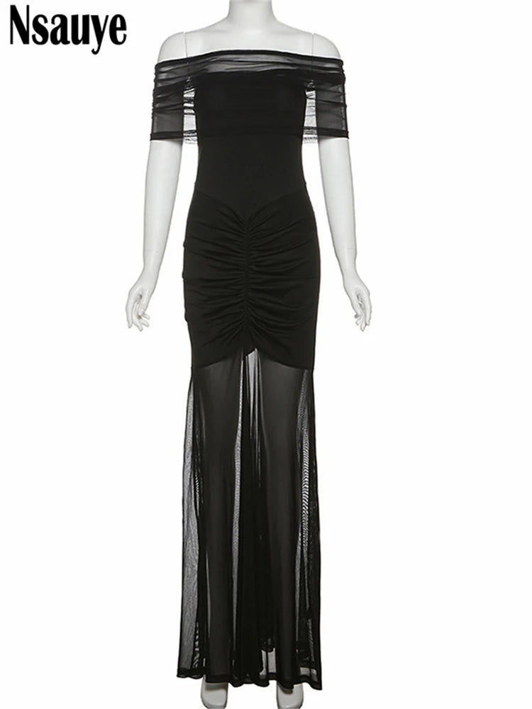 Nsauye 2025 Summer Sleeveless Mesh Off Shoulder Split Maxi Dress Club Party Evening Ruched Long Dresses Women Clothing Vestidos