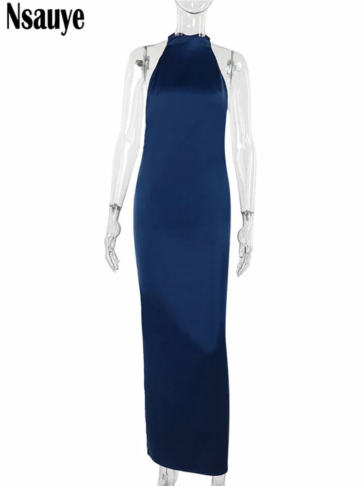 Nsauye Backless Elegant Party Dress For Women Sexy Satin Sleeveless Bodycon Vintage Holiday Long Night Club Halter Dress 2024