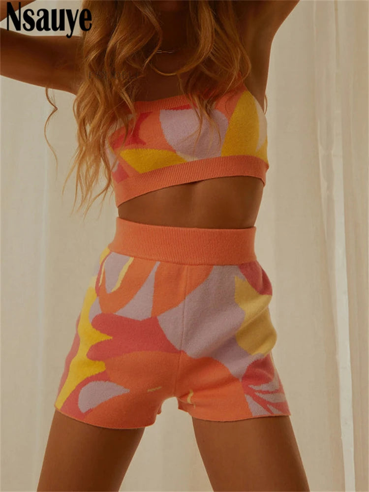 Nsauye 2022 Summer Knitted Print Sports Shorts Suit Tracksuit Women Sexy Beach Outfits Strap Top High Waist Shorts Two Piece Set