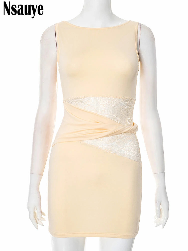 Nsauye Women Chic Twist New Fashion Sexy Night Club Elegant Short Dress Bodycon Summer Lace See Through Evening Party Dress 2025