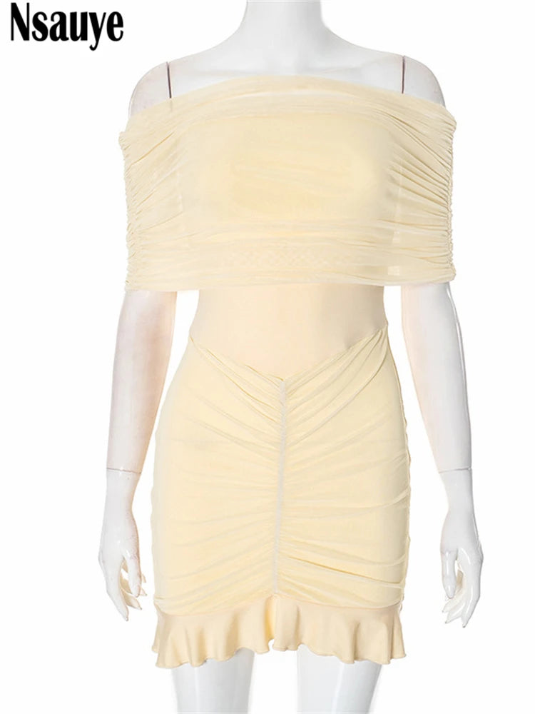 Nsauye 2025 Solid Off Shoulder Sleeveless Pleated Mini Bodycon Dresses Club Party Evening Ruffles Women Outfits Dress Vestidos