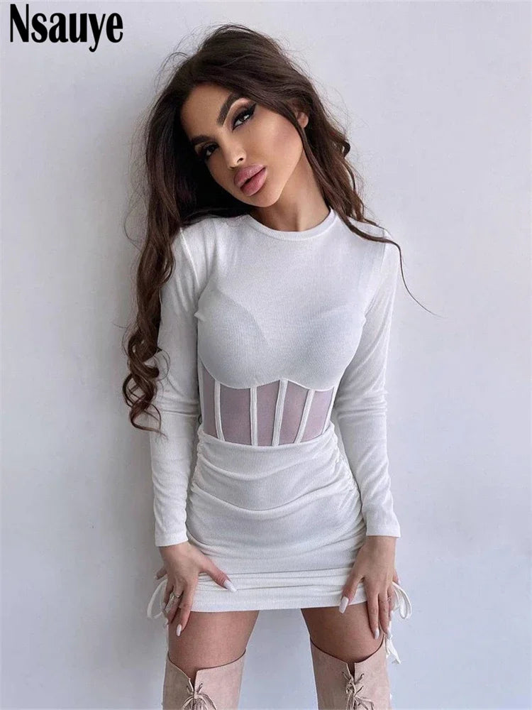 Nsauye See Through Mesh Women Chic Fashion Summer Long Sleeve Ribber Knitted Y2K Mini Dress Sexy Party Club Casual Dress 2023