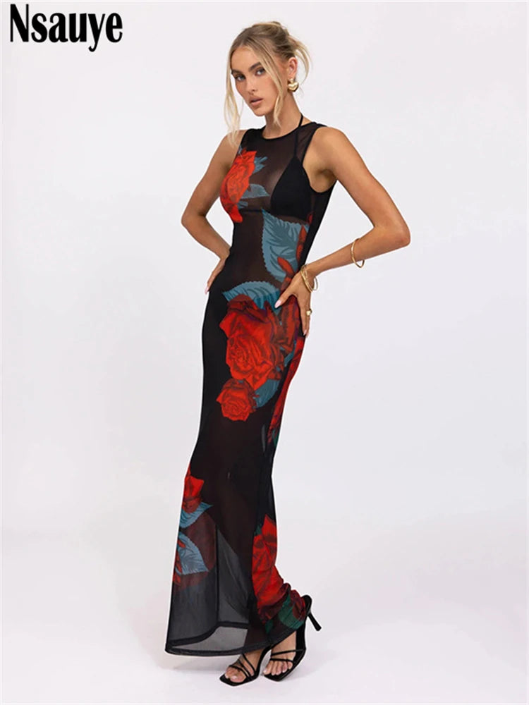 Nsauye Fashion Floral Printed O Neck Chic Mesh See Through Women Sexy Dress Evening Holiday Beach Summer Party Club Long Dress