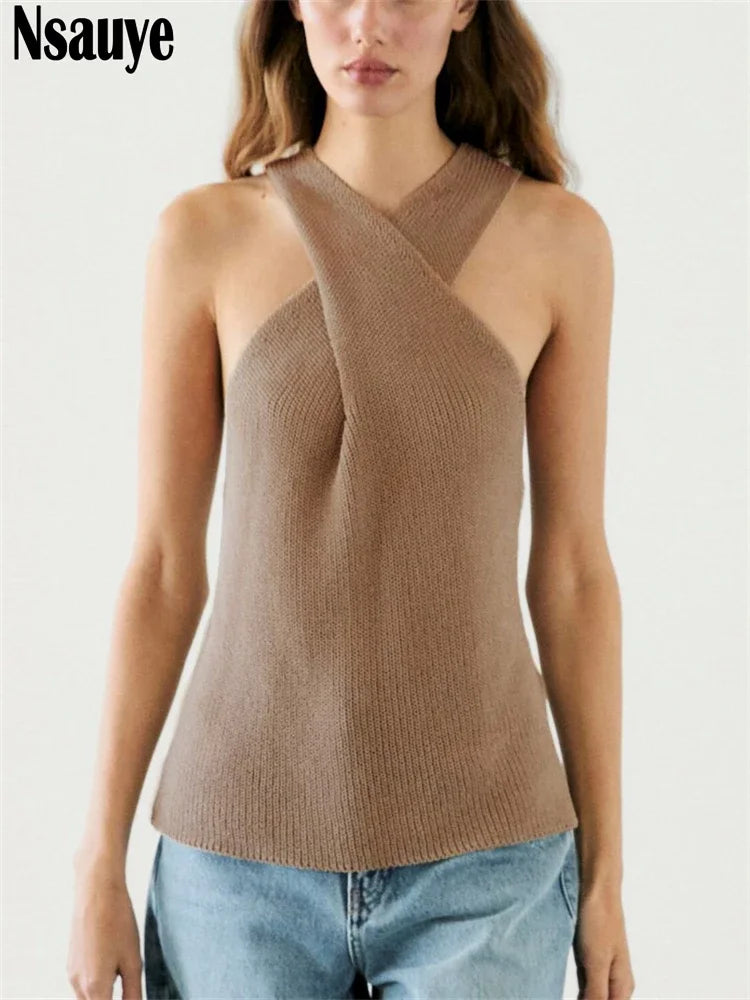 Nsauye Knitted Halter Sexy Elegant Fashion Backless Mini Sleeveless Crop Tops Women Vest Clothes 2025 Night Club Casual Tank Top