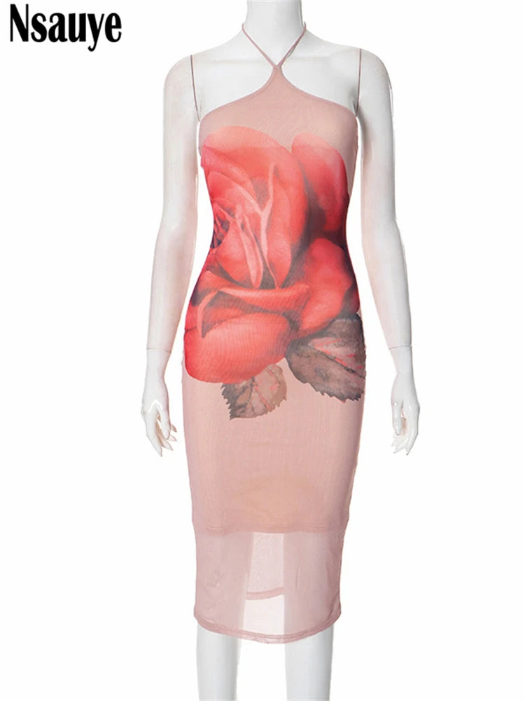 Nsauye Halter Midi Bodycon Sexy Evening Party Night Club Floral Print Wrap Dress Women Pullover New Fashion Backless Dress 2025