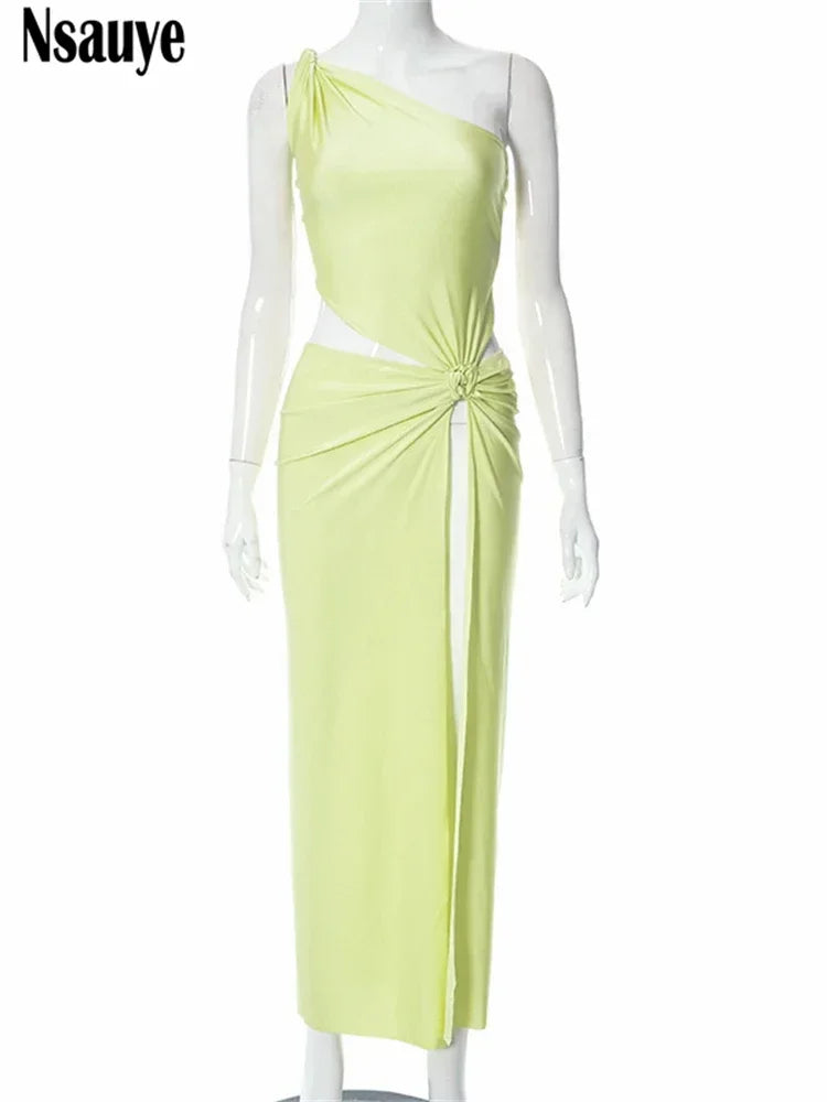 Nsauye One Shoulder Women Sexy Bodycon Party Evening Night Club Fashion Holiday Maxi Dress Summer 2023 High Split Backless Dress