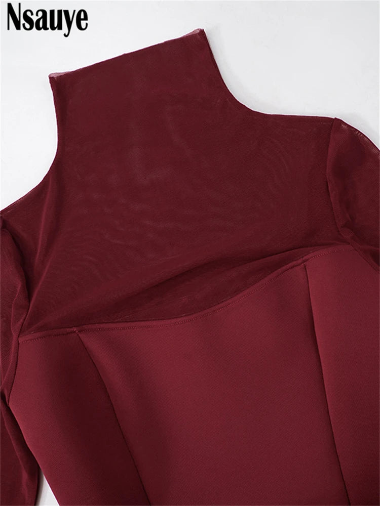 Nsauye Sexy Pullover Women Night Club Turtleneck Mesh Long Sleeve Evening Party Short Dress 2025 Fashion Elegant Summer Dress