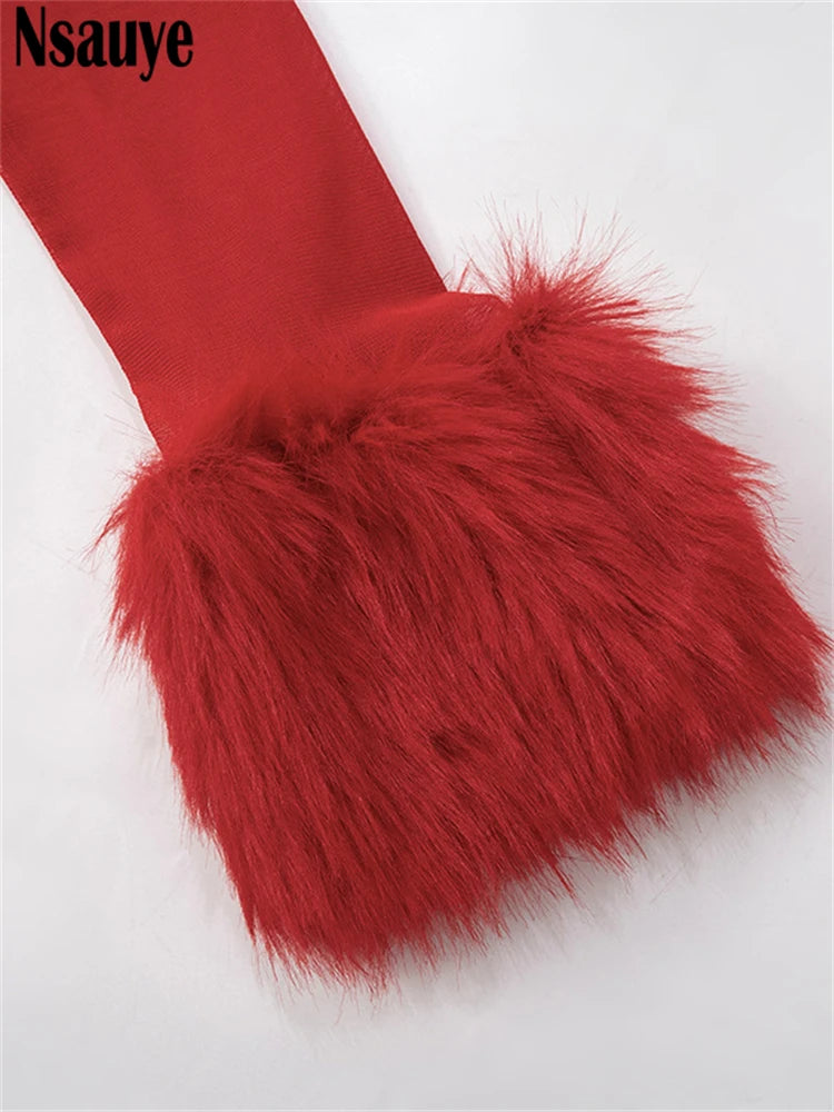 Nsauye Women Dress Red Elegant Feathers Patchwork Mesh Fashion Long Sleeve Pullover Summer Sexy Night Club Party Dresses 2025