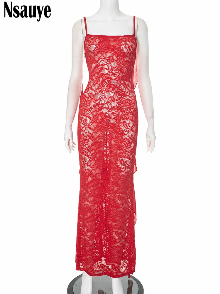 Nsauye Dress Lace Long Sexy Sleeveless Summer Women Clothing Fashion Backless See Through Bodycon Evening Party Elegant Dress