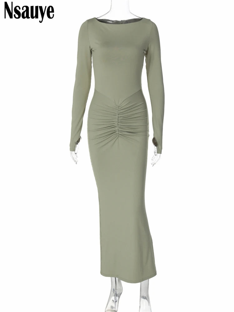 Nsauye Women New Fashion Elegant Sexy Night Club Evening Party Maxi Long Dress Winter Clothes 2024 Wrap Ruched Long Sleeve Dress