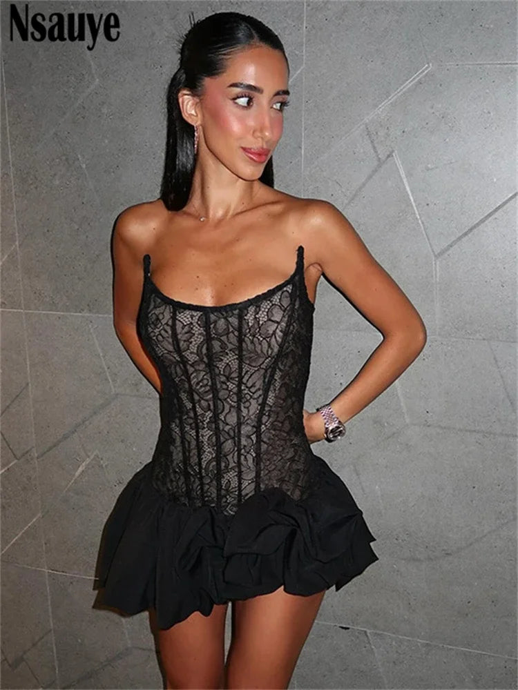 Nsauye Strapless Women High Waisted Evening Party Sexy Black Lace Corset Dress Mini Night Club 2024 Chic Fashion Bud Dress