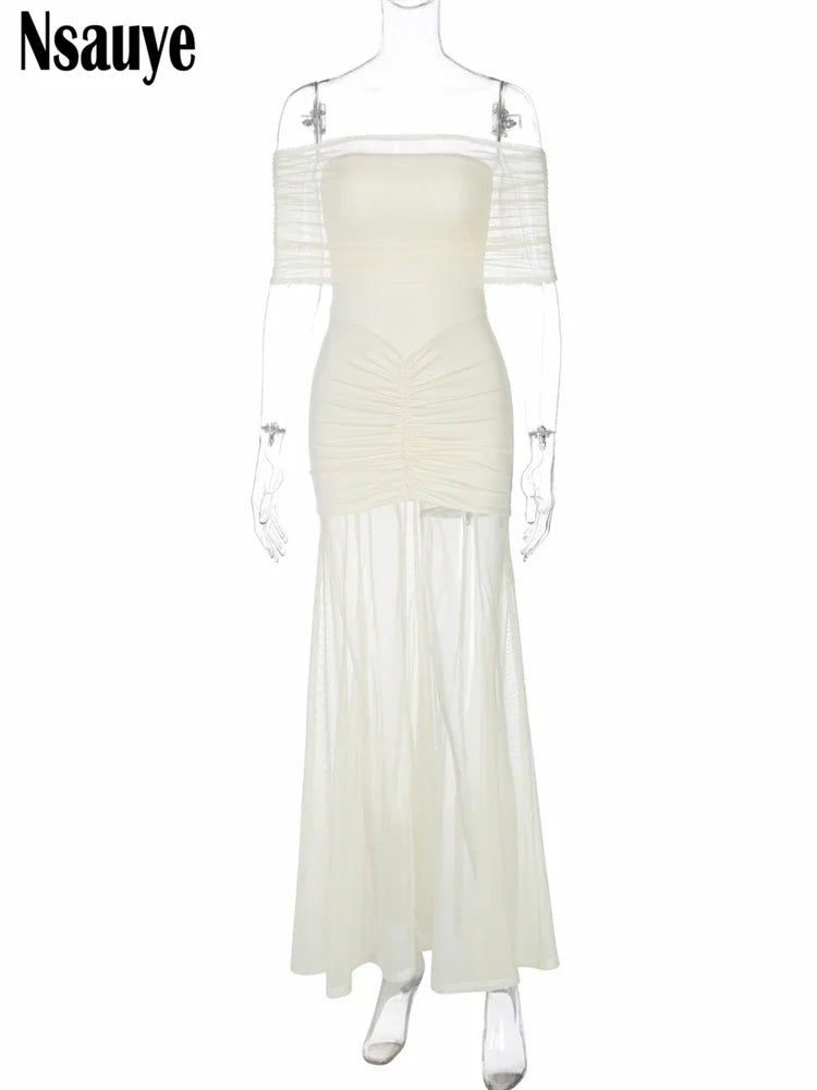 Nsauye 2025 Spring New Sexy Off Shoulder Mesh Pullover Maxi Dress Fashion Elegant Slim Long Dresses For Women Club Party Evening