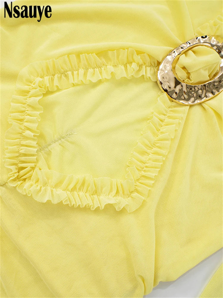 Nsauye New Elegant Women Sexy Ruffles Hollow Out Night Club Short Dress Mesh Ruched Long Sleeve Mini Party Summer Dress 2025