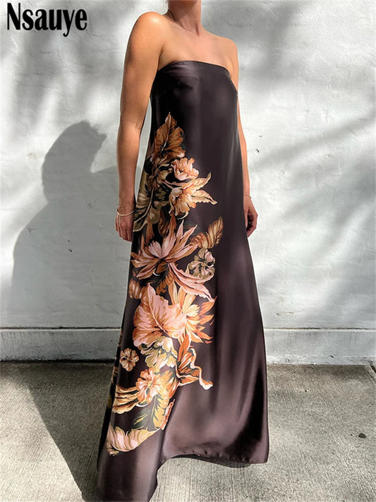 Nsauye Sexy Women Holiday Casual Summer Beach Long Floral Dress Maxi Long Fashion Evening Party Sleeveless Night Club Dress 2025