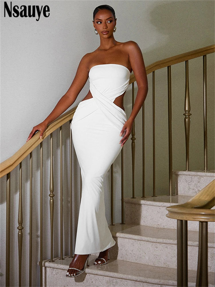 Nsauye Chic Elegant Women New Fashion Long Bodycon Hollow Out White Dress Ladies Sexy Night Club Party Evening Summer Dress 2025