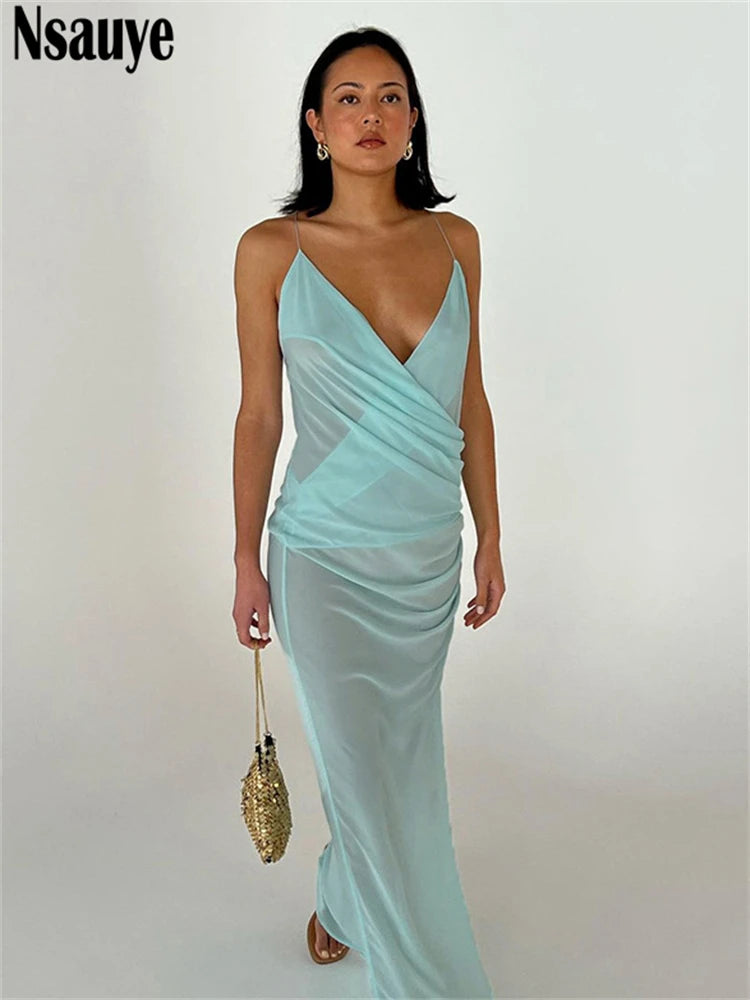 Nsauye Women 2025 Summer New Spring Elegant Sexy Ladies Party Club Birthday Dress Holiday Beach Low Cut Out Sleeveless Dresses
