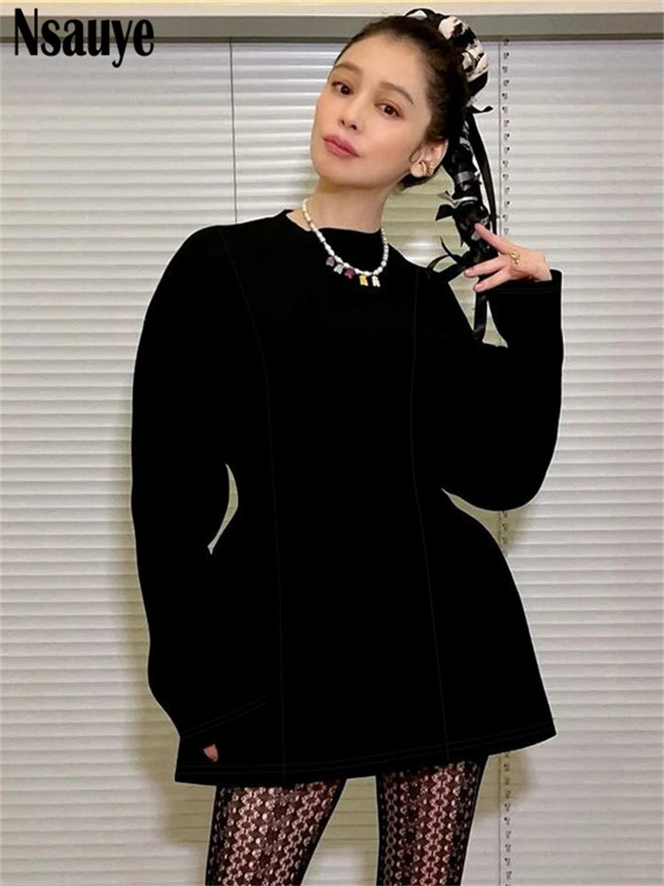 Nsauye Women Mini New Fashion Elegant Slim A-Line Dress Long Sleeve Dress High Waisted Evening Party Sexy Club Ladies Dress 2024