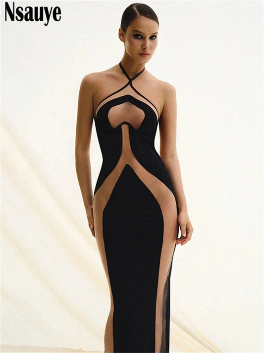 Nsauye Sexy Halter Women Night Club Y2K Striped Evening Party Long Dress Bodycon Backless Chic Fashion Elegant Hollow Out Dress