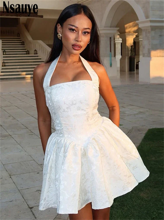 Nsauye New Elegant Party Short Sexy Night Club Birthday Evening High Waisted Dress A-Line Mini Halter Women Beach Dress 2025