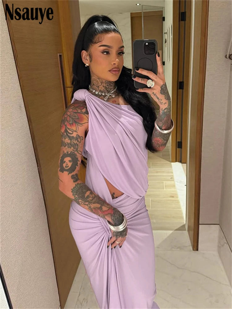 Nsauye 2025 Summer New Sleeveless One Shoulder Cut Out Slim Maxi Dress Club Party Women Elegant Formal Evening Long Dresses