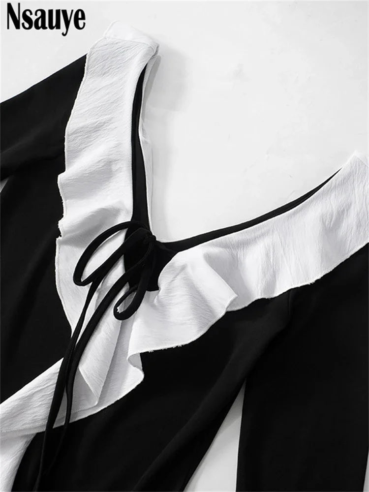 Nsauye Sexy Evening Birthday Party Black Night Club Mini Y2K Women Dress Long Sleeve Elegant Fashion Ruffles Dress 2024 Winter