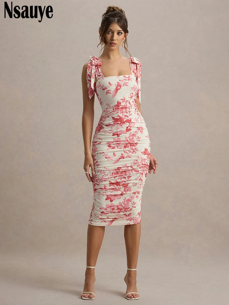 Nsauye Evening Party Dress For Women Summer Midi Fashion Clothes Outfits Floral Print Lace Up Sexy Night Club Elegant Dress 2025