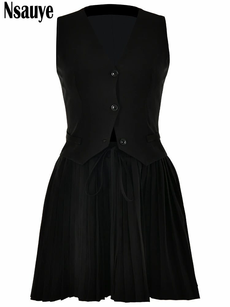 Nsauye Women Sexy Sleeveless Party Club Blazer Vest Tops And Mini Elegant Pleated Skirt Fashion Dress Summer Two Piece Set 2024