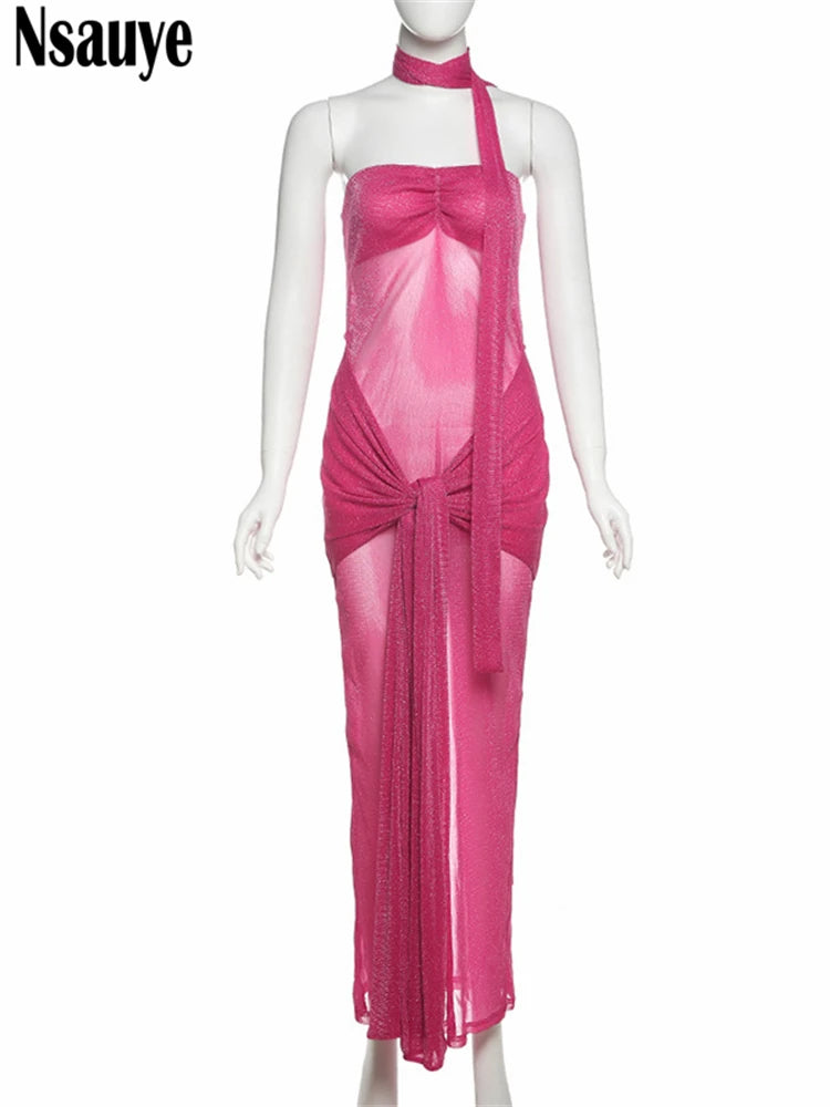 Nsauye Women Chic Sexy Strapless Night Club Evening Party Summer Dress 2025 Maxi Bodycon Elegant Off Shoulder High Waisted Dress