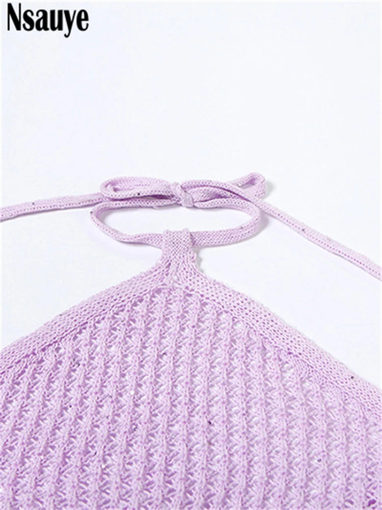Nsauye Casual Beach Summer Holiday Women Sexy Backless Knitted Halter Crop Tops Vest Mini Hollow Out Club Skirt Two Piece Set