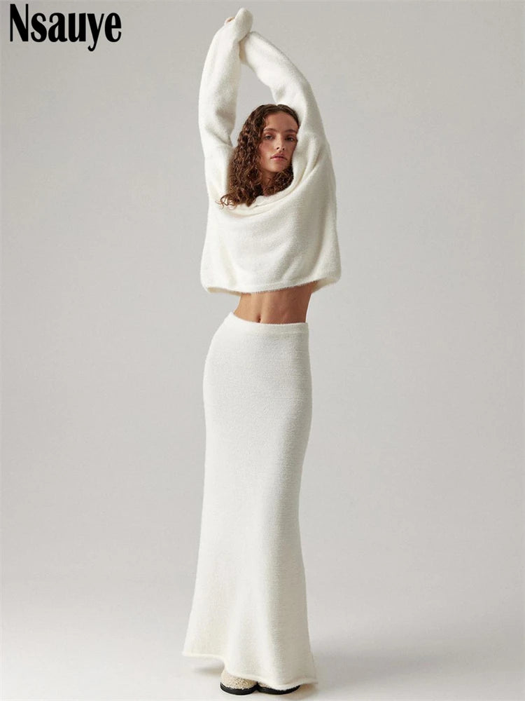 Nsauye Women Long Sleeve Winter Sweater Tops Knitted Maxi Wrap Sexy Club Skirt Dress Elegant New In Matching Two Piece Set 2024