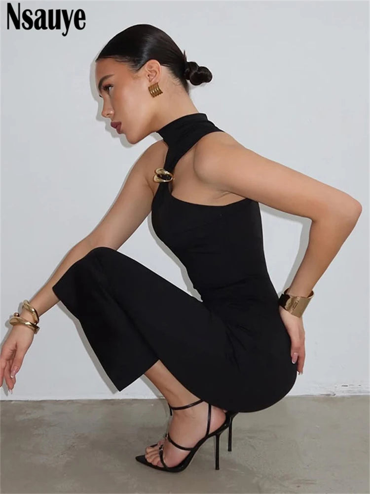 Nsauye Women Sexy Evening Party Fashion Elegant Night Club Black Halter Dress 2025 Summer Off Shoulder Bodycon Midi Dress Outfit