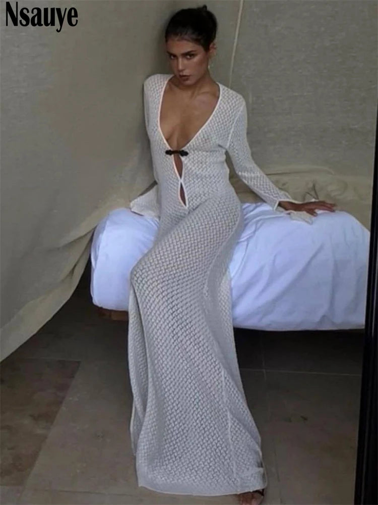 Nsauye Fashion Elegant Sexy Women V Neck Long Sleeve Beach Summer Maxi Dresses Party Holiday Hollow Out Long Dress Women 2022