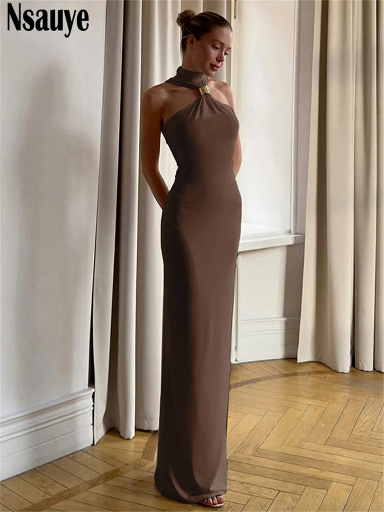 Nsauye Women Sexy Night Club Halter Sleeveless Evening Party Long Dress Summer Off Shoulder Elastic Fashion Elegant Dress 2025