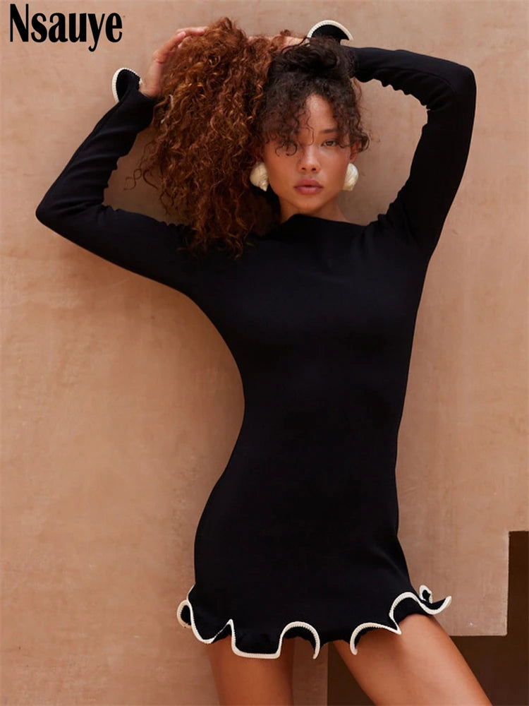 Nsauye Women 2024 Sexy Evening Party Night Club Dress 2024 Fashion Y2K Pullover Long Sleeve Knitted Casual Winter Dress Bodycon