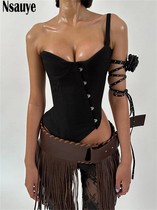 Nsauye Female Sleeveless Off Shoulder Irregular Corset Tank Tops Y2K Clothes Women 2025 Sexy Fashion Black Crop Top Sexy Club