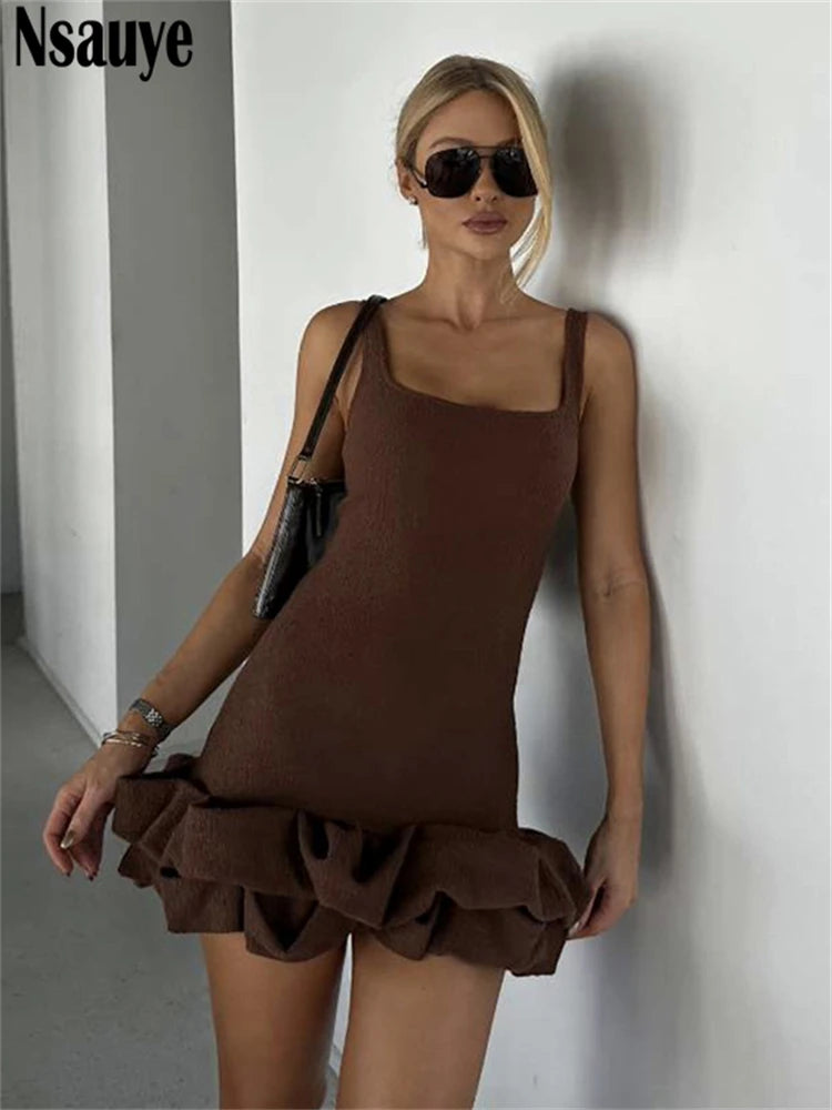 Nsauye Summer 2025 Mini Bodycon High Waisted Chic Elegant Sexy Basic Dress Women Short Ruffles Night Club Dress Evening Party