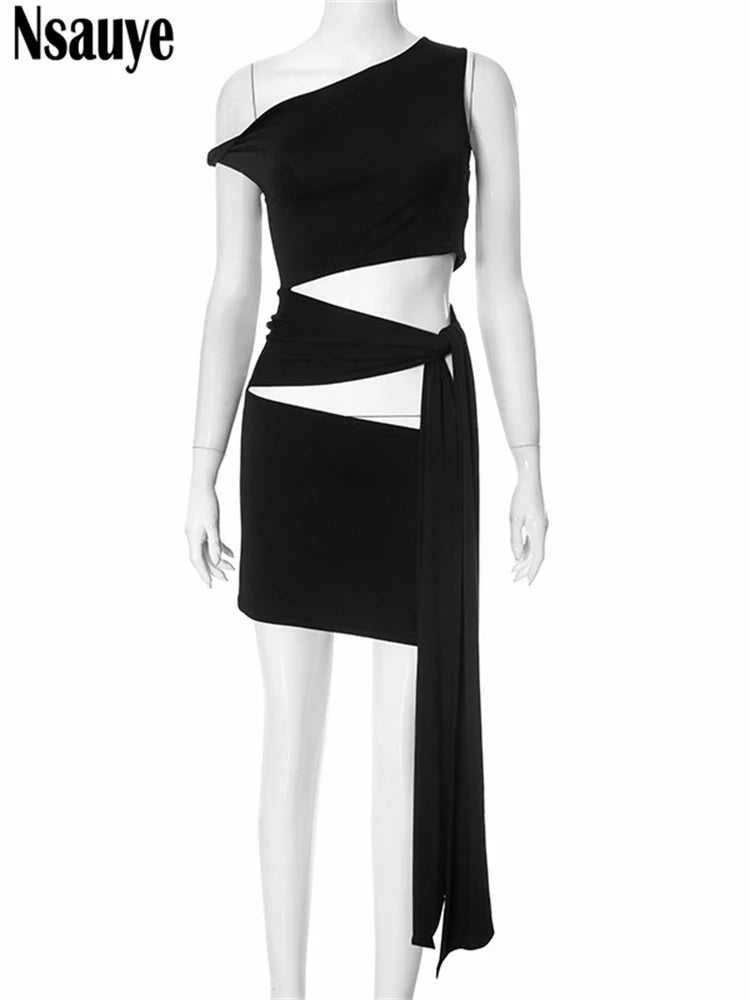 Nsauye Women Short Dress Bandage Wrap Hollow Out Sexy Mini Elegant New Fashion Evening Party Night Club Black Summer Dress 2025